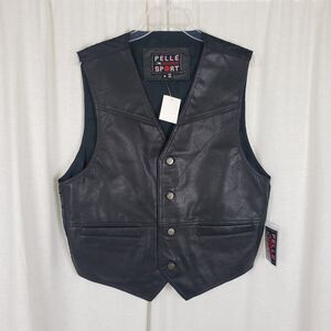 Vintage Pelle Sport Wyoming Snap Up Black Leather Biker Vest Waistcoat Mens sz M